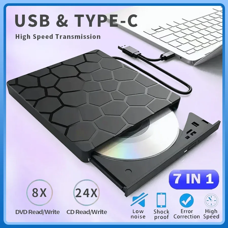 Lecteur CD DVD externe 7 en 1 USB 3.0 Type C lecteur CD Portable graveur DVD disque externe pour ordinateur Portable PC de bureau Mac Windows