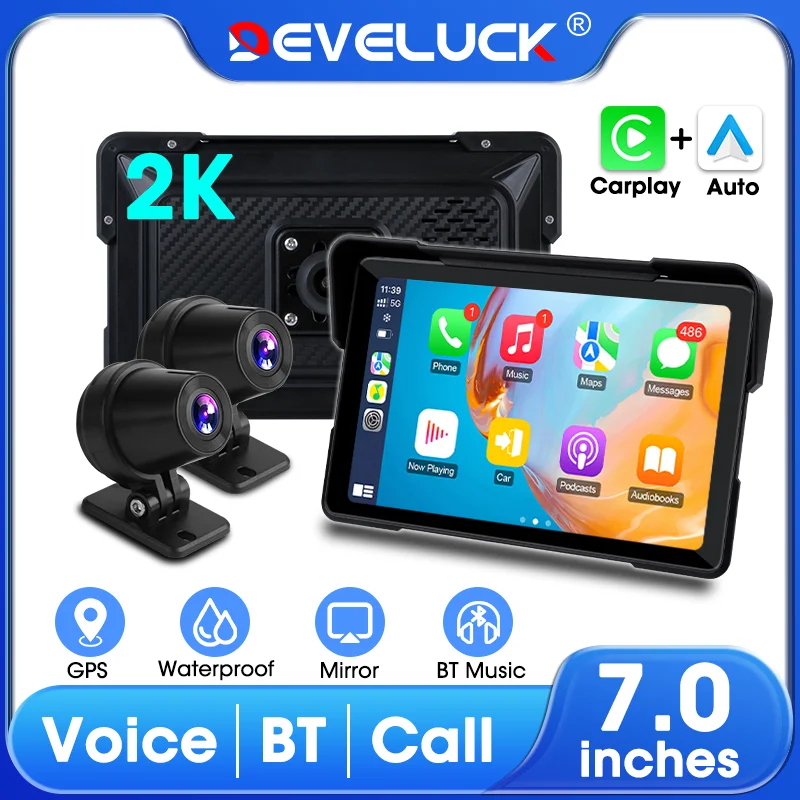 2K Motorrad DVR mit 7 Zoll Moto Display Bildschirm GPS Navigation Drahtlose CarPlay Android Auto Tragbare IPX7 Wasserdichte Rumpf Image