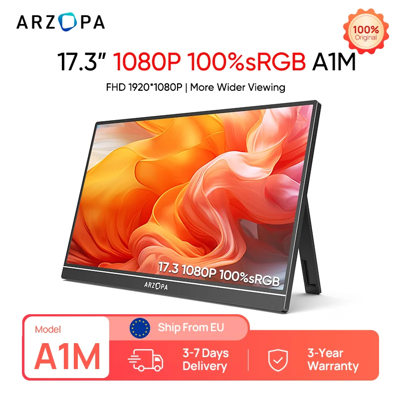 ARZOPA 17,3 Zoll Tragbarer Monitor 1080P HDR IPS mit Standfuß und Lautsprechern für PC, Mac, Handy, Xbox, Switch, PS, HDMI, USB, Externer Laptop-Bildschirm Image