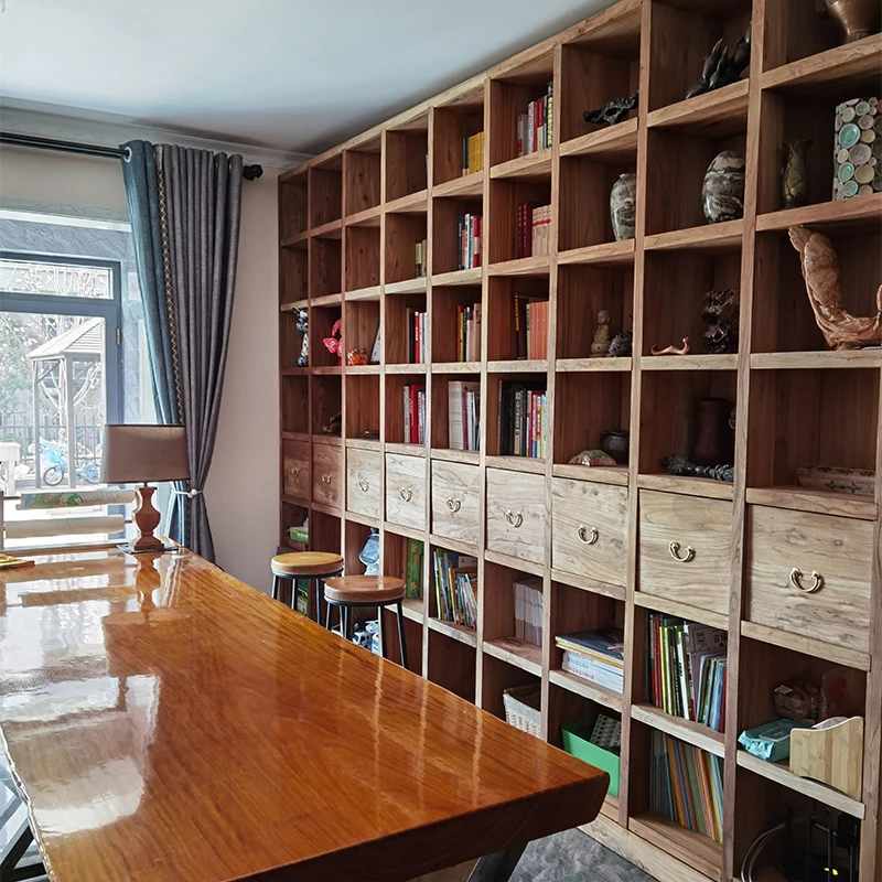 Vecchia libreria in olmo libreria da parete intera personalizzata libreria in legno massello scaffale a reticolo scaffale da pavimento personalizzato per libreria a parete intera