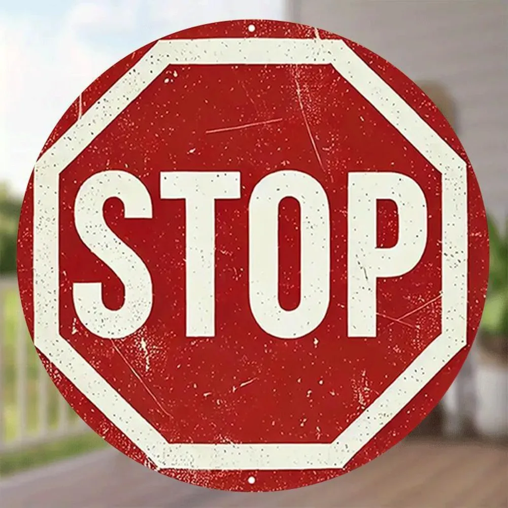 1 Stück 2D Flat 8" Retro „Stop“ Rundes Metallschild - Dekor, Bar Cafe Dorm Art, Weihnachtsgeschenk Image