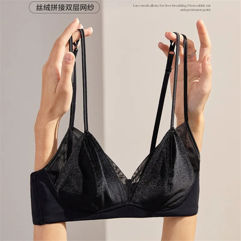 MOYISU Französischer Samt-Dessous-BH, AA-Cup, Doppellift, Anti-Vorsprung, Petite Bunny Ear Bow, dünner Riemen, sexy Lift Enhancer für Damen