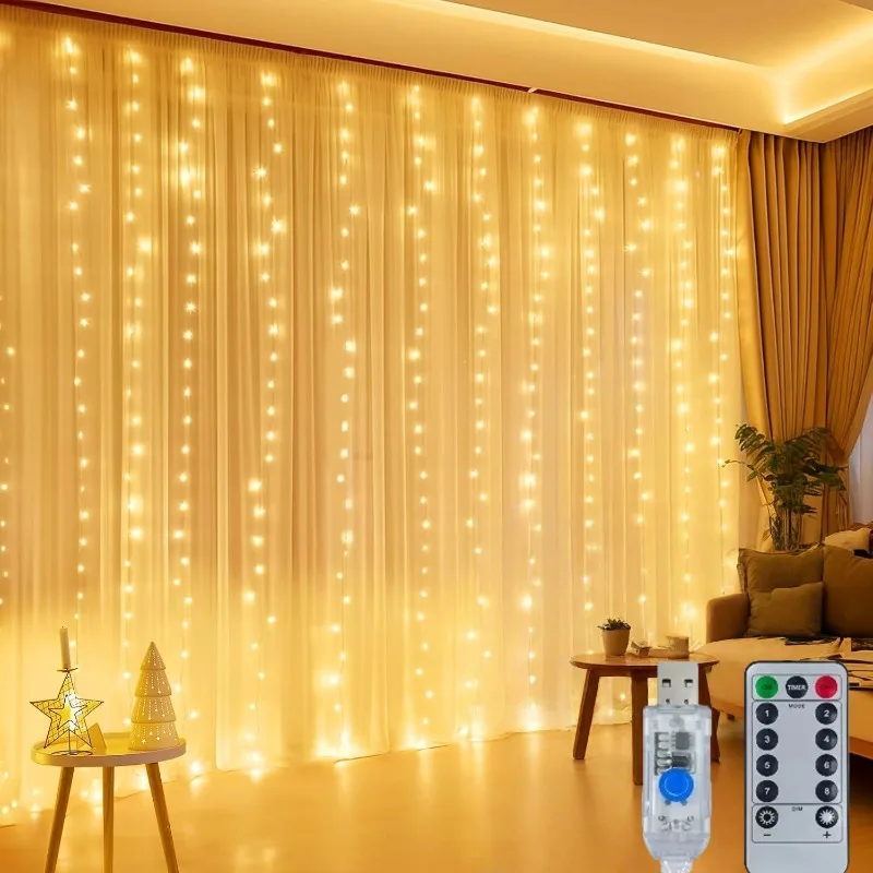 Vorhangbeleuchtung, 300/600 LEDs, dimmbare Lichterkette mit Fernbedienung und Timer, 8 Modi, USB-betriebene Lichterkette für Zimmer, Wand, Party, Weihnachten