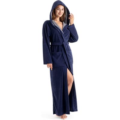 Damenbademantel KANGAROOS "Dalia, ideal für Sauna & Spa, Standardlänge & Überlänge" Gr. M, blau (marine), L:135cm in Gr. M, Wirkfrottier, Hausmäntel, Uni-Farben mit Streifen, mit Taschen, XS-3XL, auch in extra lang Image