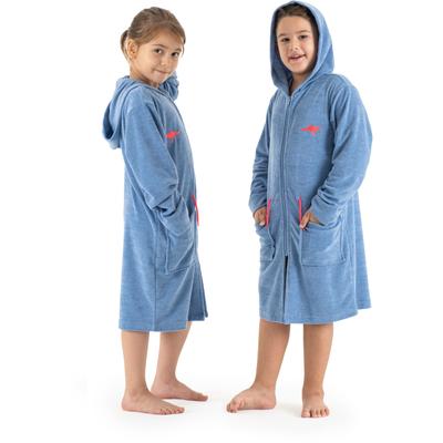 Kinderbademantel KANGAROOS "Kira, Ideal für Zuhause, Schwimmbad oder im Urlaub" Gr. 116, blau (blau melange), 116, Leichtfrottier, Hausmäntel, modernen, sportliches Design, leuchtenden Akzenten Image