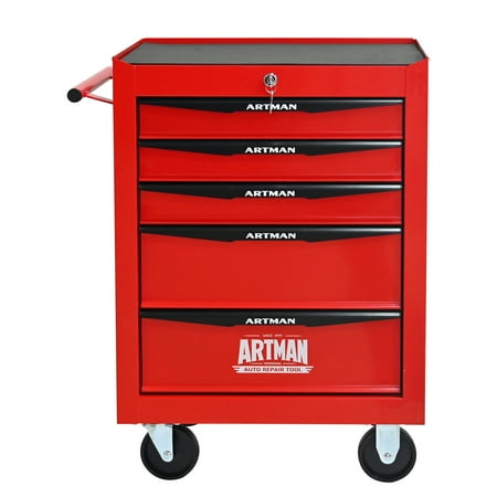 Rolling Metal Tool Chest with 5 Drawers 20 5-Drawer Tool Chest Cabinet with Ball Bearing Drawer Slides Steel Tool Storage Box Organizer -Red&Black