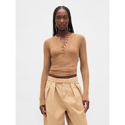Gap Beige Long Sleeve Sheer Rib Henley Top