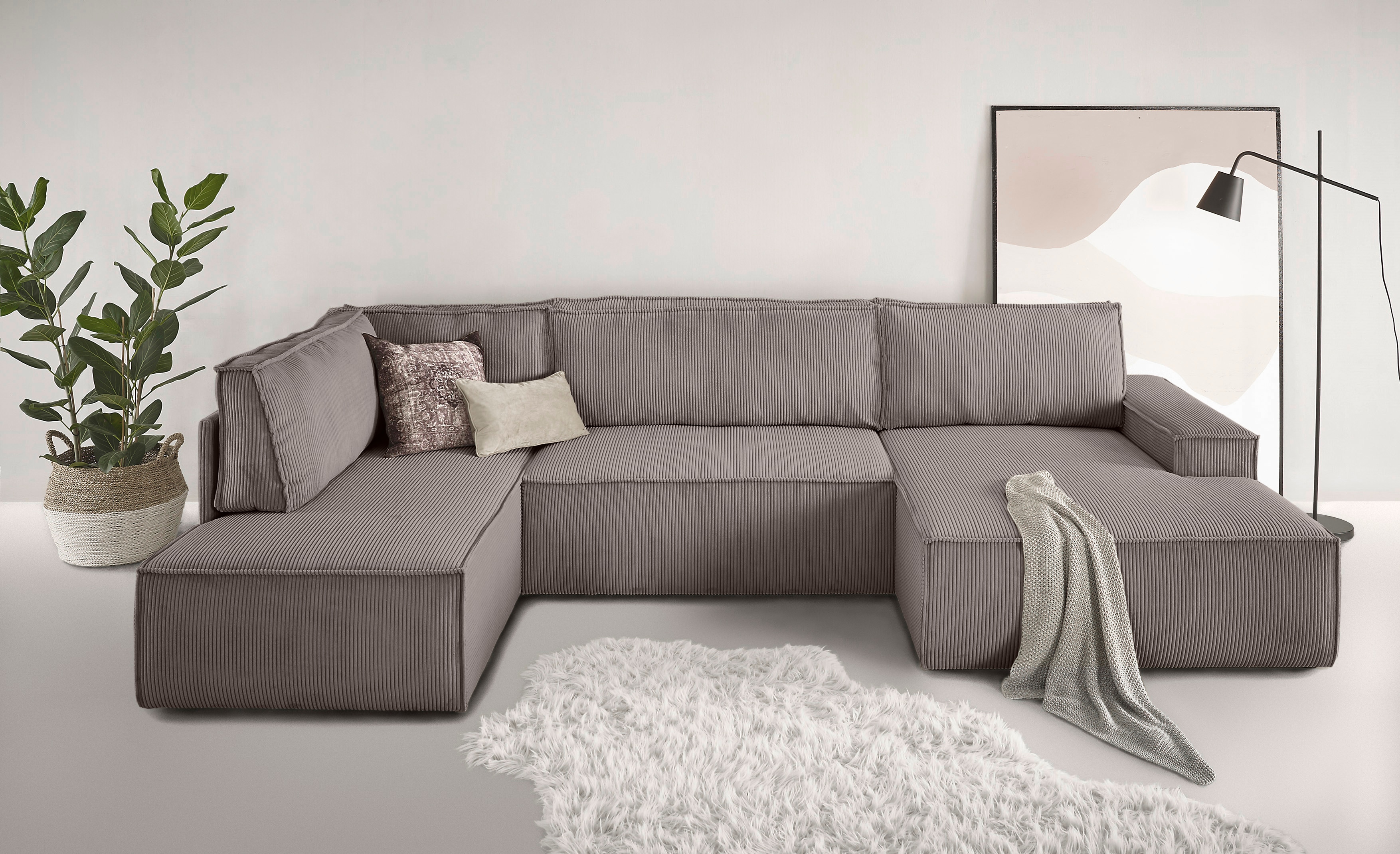 Wohnlandschaft HOME AFFAIRE "SHERWOOD 329 cm, U-Form, Schlafsofa", taupe, B:329cm H:85cm T:195cm, 100% Polyester, Sofas, Wohnlandschaft, Schlaffunktion m. Bettkasten (194x139 cm), Cord, Vintage, Samtvelours
