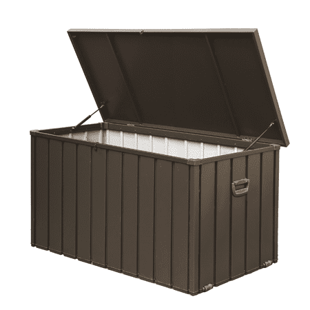 150 Gallon Outdoor Storage Box with Lockable Lid & Rolling Wheels Weatherproof UV-Protected Metal Container for Patio Furniture Garden Tools Dark Brown