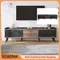 Meuble TV Comanlai avec deux tiroirs, table TV, meuble TV bas avec deux portes coulissantes, couleur bois noir et naturel