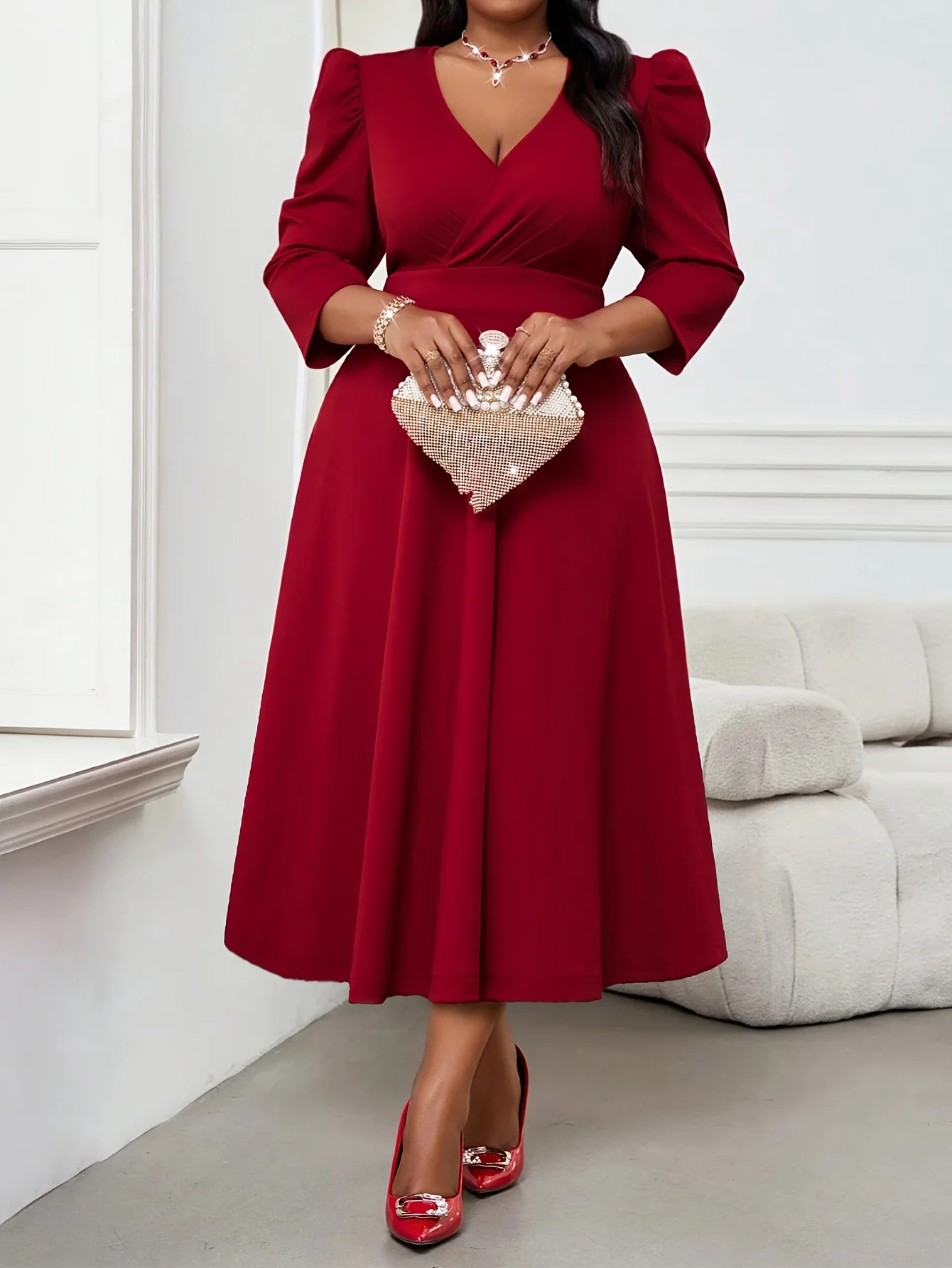 Robe rouge élégante pour femmes de grande taille, vêtements pour femmes haut de gamme, manches trois-quarts printemps et automne, vêtements pour femmes élégants gr