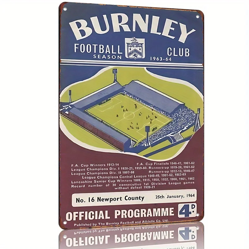 Vintage Burnley Football Club 1963-64 Saison Programm Cover Kunstdruck – Retro Metall Blechschild, langlebige Wanddekoration für Männerhöhle, Image