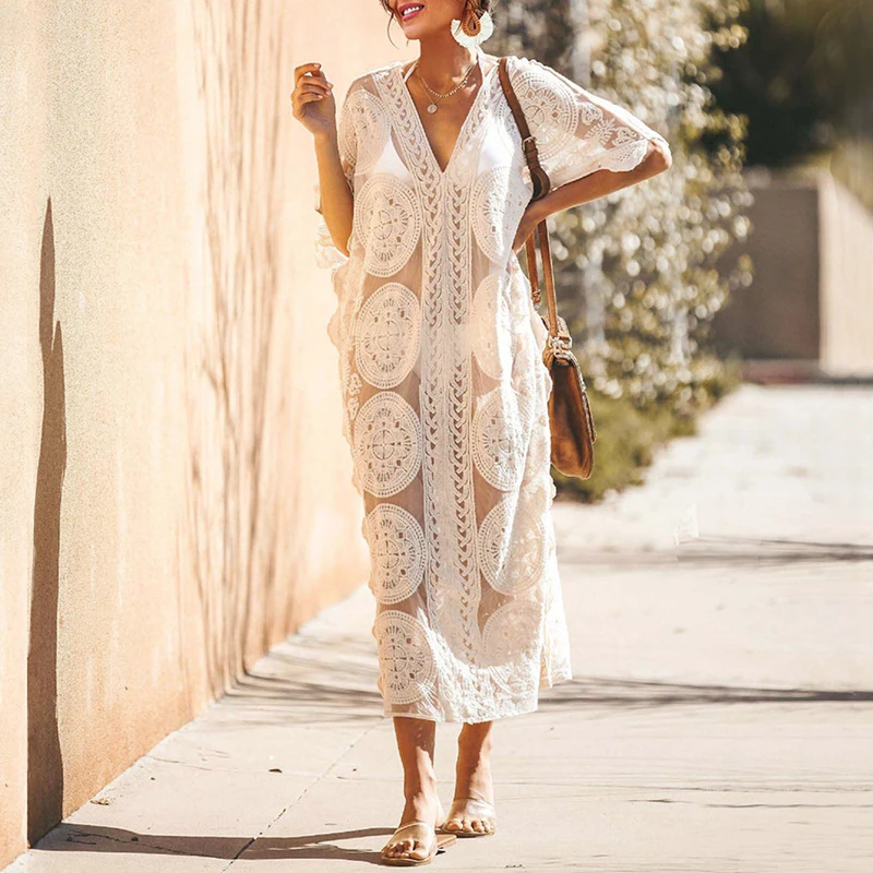 Sommer Neue Kaftan Roben Sexy Einfarbig Spitze Hohl Bikini Cover-up Mode V-ausschnitt Batwing Hülse Transparent Sonnenschutz kleider Image