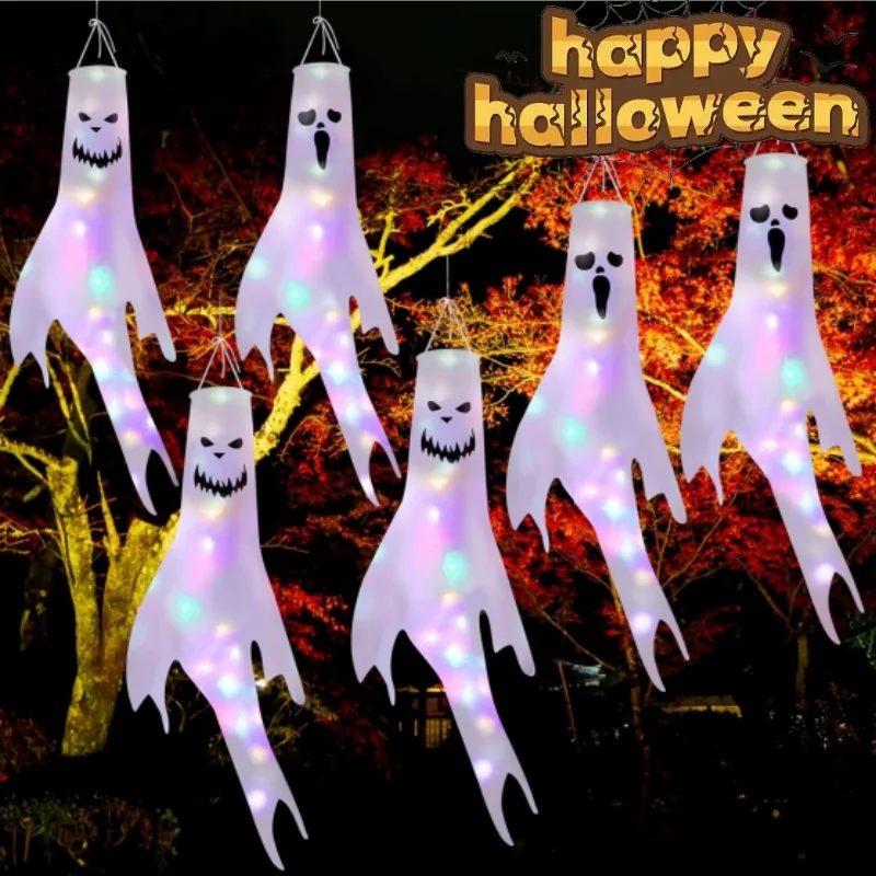 Halloween-Geister-Windsack-Flaggen mit bunten LED-Lichtern, Halloween-Dekorationen, hängende Geister-Windsäcke für den Außenbereich für Partyzubehör Image