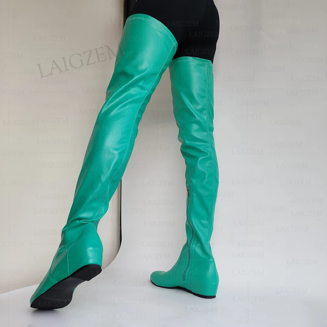 ZHIMA Frauen Oberschenkel Hohe Stiefel Kunstleder Runde Kappe Seitlichem Reißverschluss Mitte Versteckte Heels Stiefel Damen Schuhe Frau Große Größe 37 42 44 50 52