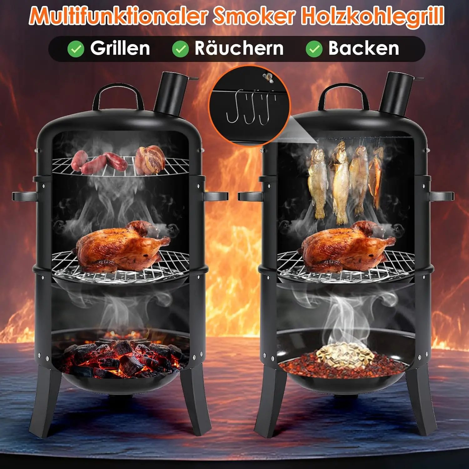Räucherofen, Räucherofen, BBQ-Räucherofen, Holzkohlegrill mit Kamin, Deckel und Thermometer, Edelstahlgrill Image