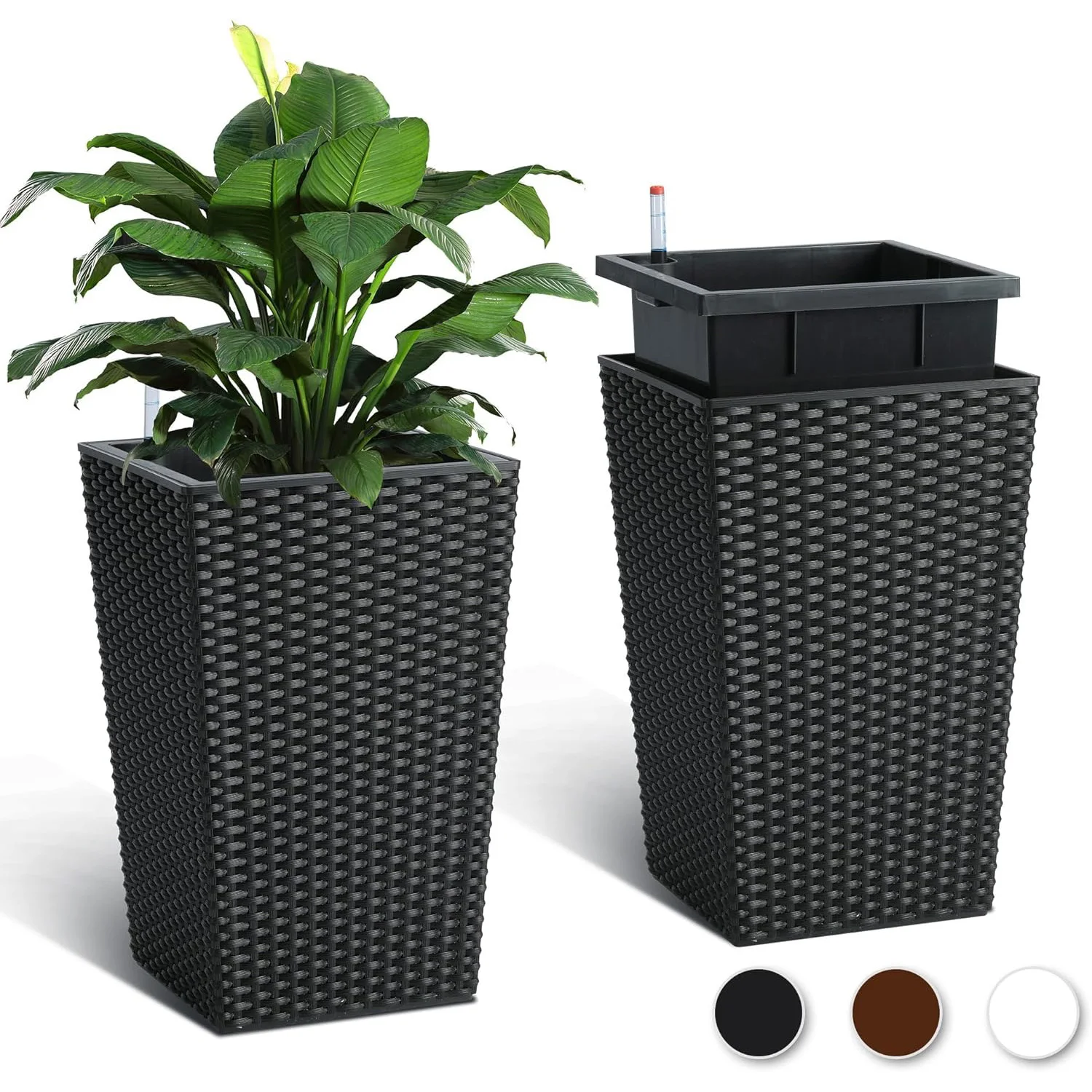 Set di 2 vasi da fiori autoirriganti Fioriera con motivo in rattan con rilevatore di livello del liquido per la piantagione di giardinaggio su patio interno ed esterno