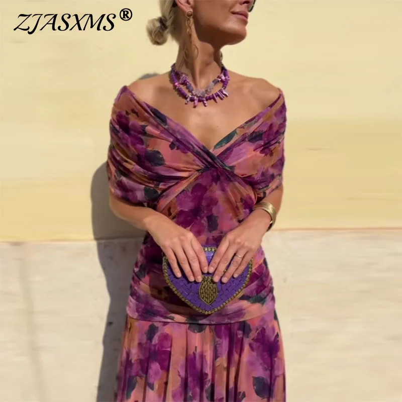 Elegant Woman Clothing Boho Floral Print High Waist Pleated Dress New Low Chest Batwing Sleeve Swing Party Cocktail A-Line Dress