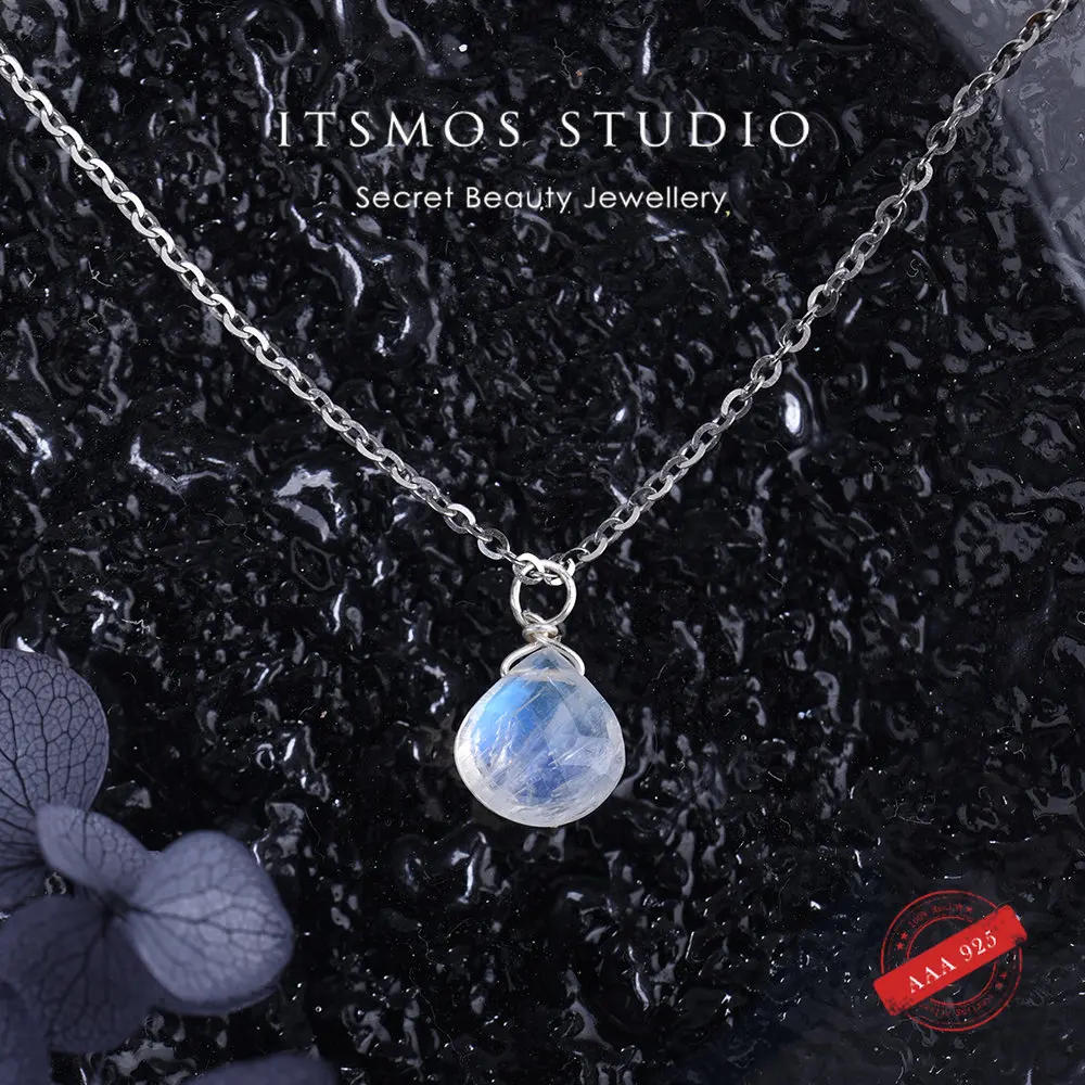 ITSMOS Natürliche Mondstein s925 Sterling Silber Anhänger Halskette Einfache Facettierte Stein Kette Elegante Schmuck für Frauen Romantisches Geschenk