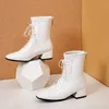 Mode frauen Stiefeletten Herbst Winter Schwarz Weiß Party Schuhe Weibliche Casual Low Heels Kurze Boot Lace Up Große Größe 34-43