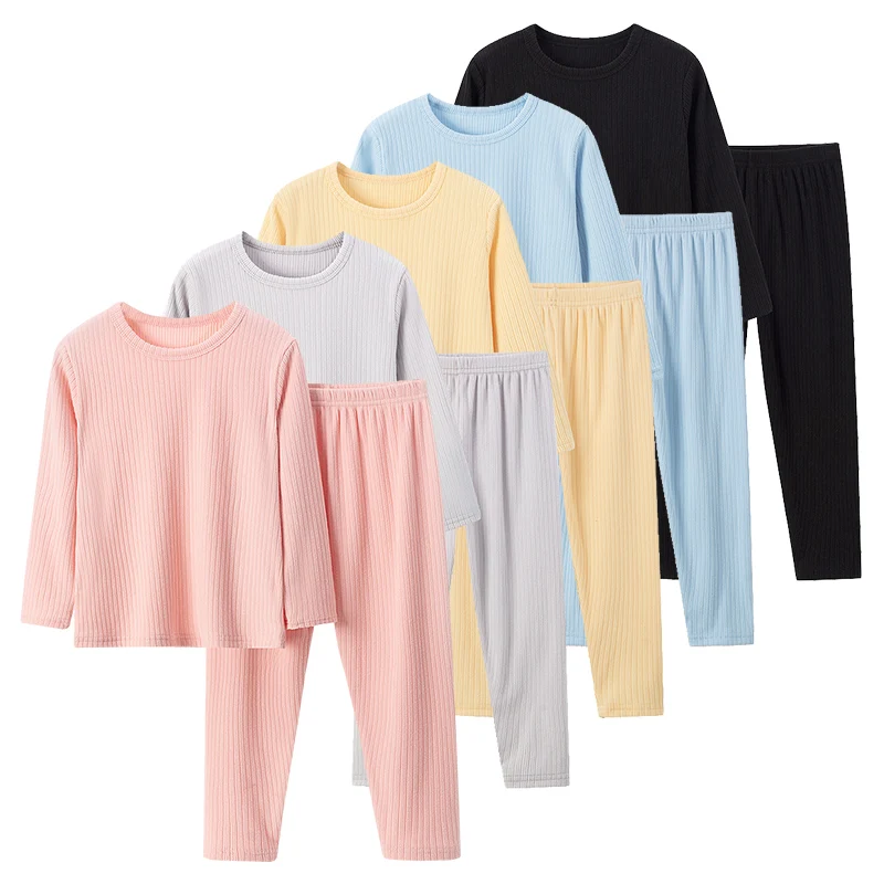 2-teiliges Herbst-/Winter-Thermounterwäsche-Set für Kinder mit 5-Farben-Grubenstreifen, vielseitige Heimkleidung für Jungen, süße Nachtwäsche für Mädchen Image