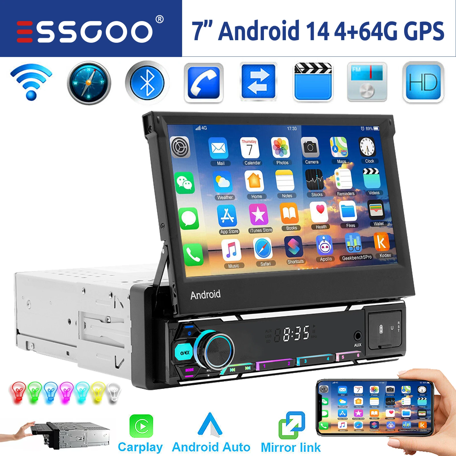 ESSGOO 7" 1 DIN Android 14 4+64G Autoradio Wireless Carplay Android Auto Ausklappbarer Touchscreen GPS NAVI WIFI Bluetooth FM RDS USB AUX Lenkradsteuerung EQ Mirror Link Image