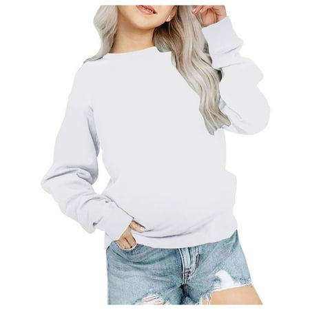 Mepaouo Girls Crewneck Sweatshirt Kids Long Sleeve Pullover Solid Color Fall Winter Basic Tee T-Shirt