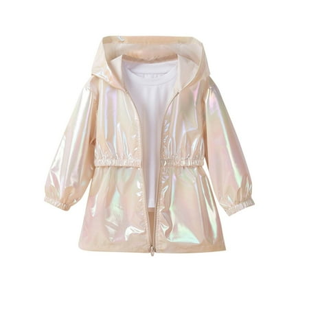 Rohuuque Toddler Girl s Reflective Jacket Laser Shiny Zip Up Hoodie Jacket Lightweight Cycling Running Coat Windbreaker Beige