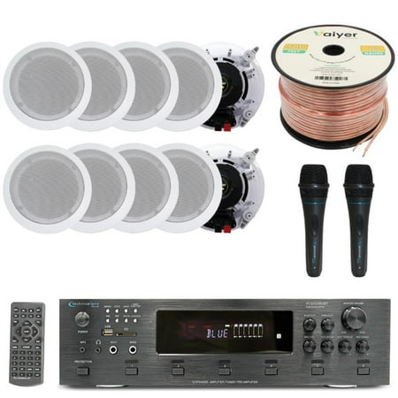 Home Stereo System Kit - 6 Channel 6000 W Bluetooth Amplifier w/ 10 QTY of 5.25 in-Wall in-Ceiling Speakers 175W Each 2 QTY of Wired Mic 500 ft Speaker Wire & Remote by Technical Pro