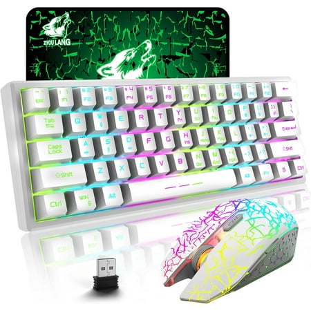 T61 Wireless Gaming Keyboard and Mouse Combo Ergonomic 61 Key Rainbow LED Backlight Rechargeable 4000mAh Battery Mouse Pad