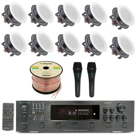 Home Stereo System Kit - 6 Channel 6000 W Bluetooth Amplifier w/ 10 QTY of 5.25 Frameless in-Wall in-Ceiling Speakers 175W Each 2 QTY of Wired Mic 500 ft Speaker Wire & Remote by Technical Pro