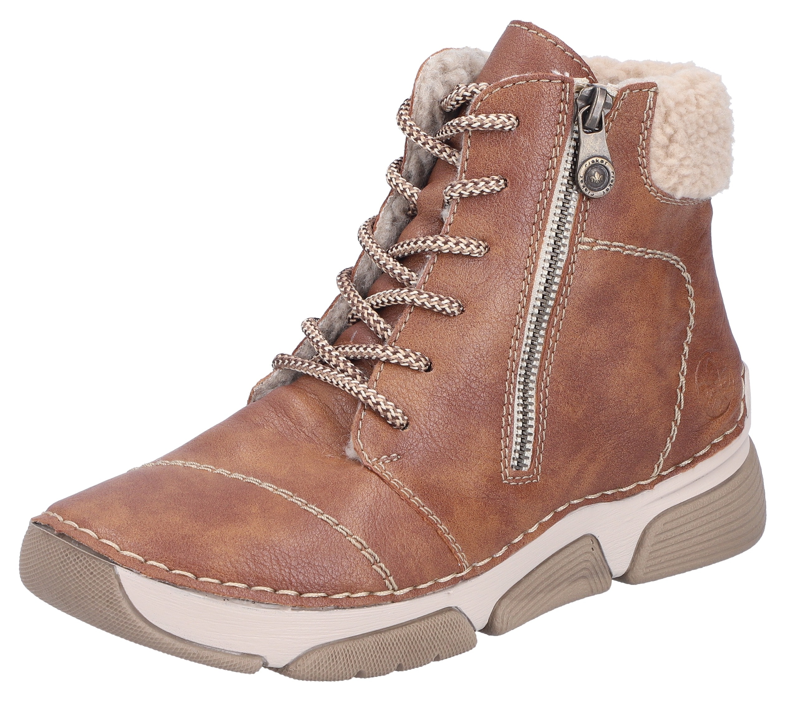 Winterboots RIEKER, Damen, Gr. 37, braun (hellbraun, beige), Lederimitat, Textil, Sportlich, Schuhe, Schnürboots, Stiefelette, Casual-Boots mit Reißverschluss außen