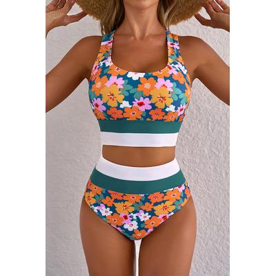 Grüner Blumenmuster Racerback Cutout Hochbund 2-teiliges Bikini Image