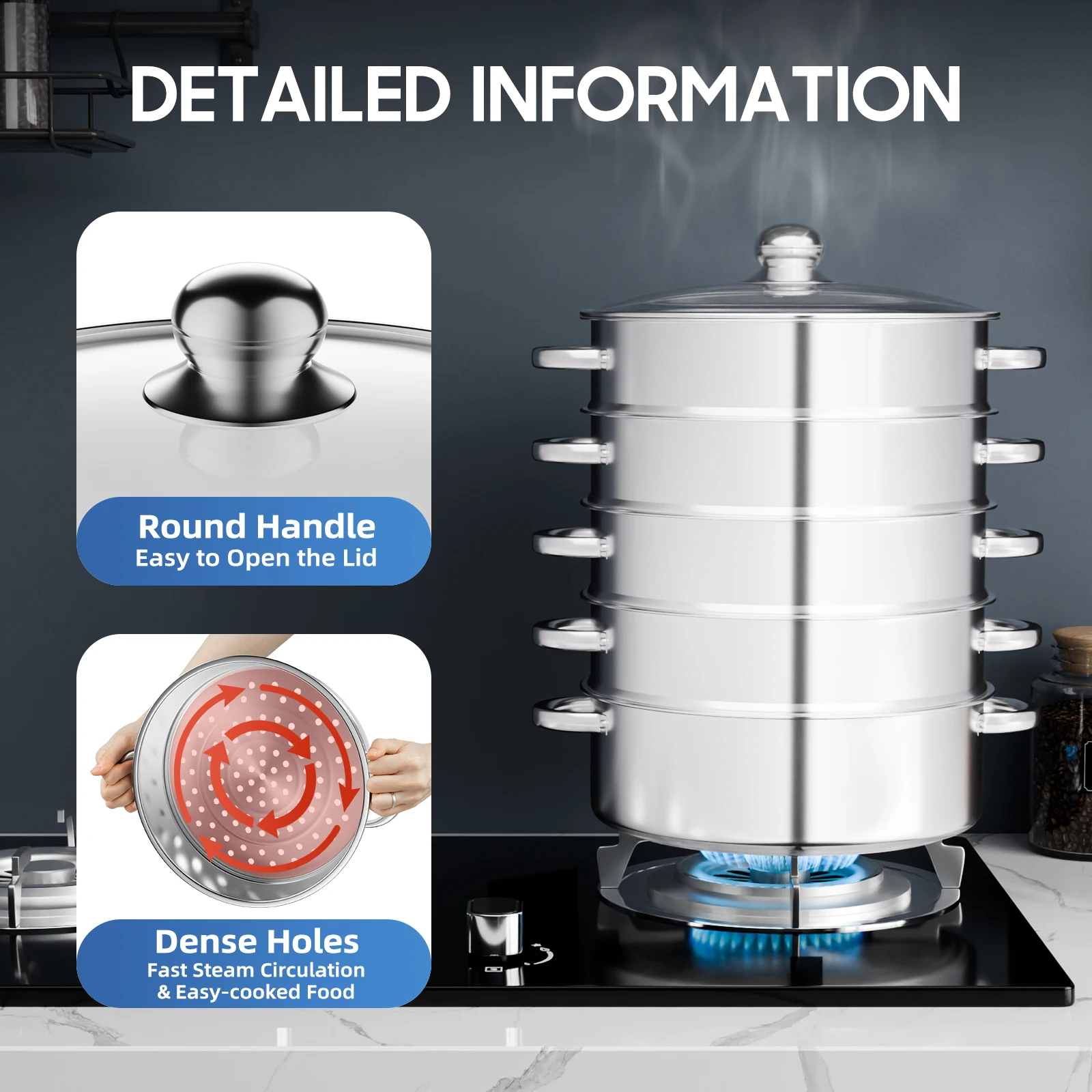 Edelstahl-Dampfgarer mit Glasdeckel, 5 Etagen, 46,5 cm, Kochgeschirr, Kochtopf, Induktionskochfeld, Dampfgarer für Knödel, Silber Image