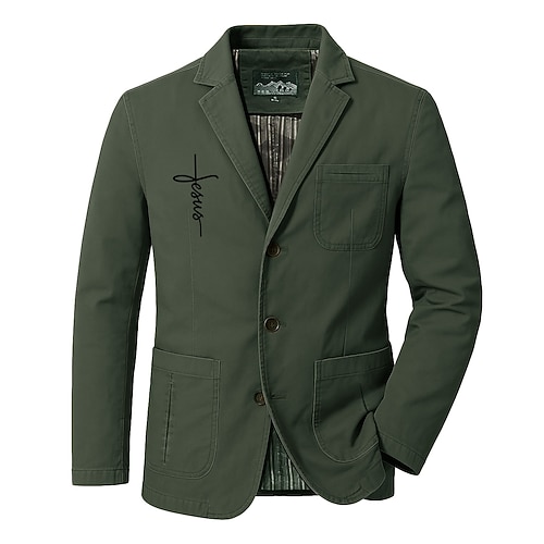 Per uomo Stampa Lettere Fede Blazer Giacca da abito in cotone Cappotto da abito Casual All'aperto Abbigliamento Quotidiano Tasche Multiple Giacca da abito con fodera a righe a tre bottoni Autunno
