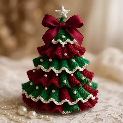 DIY Crochet Christmas Tree Kit Beginner Christmas Kit Tree Bow Pearl Embellishment Christmas Party Crochet Decorations Handmade Holiday Decoration Set for Crafts Lovers