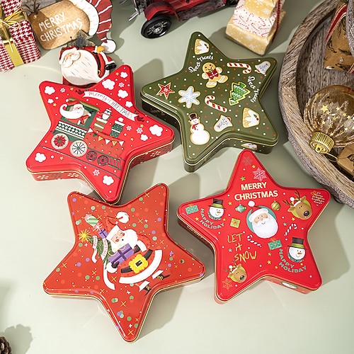 Scatole per biscotti natalizi con coperchi per fare regali, contenitori di latta natalizi, scatole di metallo a forma di stella, confezioni regalo per caramelle e cioccolatini, accessori per