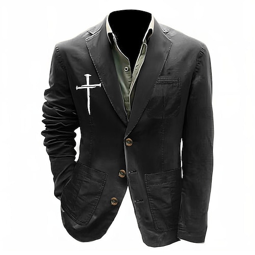 Per uomo Stampa Croce Blazer Giacca da abito in cotone Cappotto da abito Casual All'aperto Abbigliamento Quotidiano Tasche Multiple Giacca da abito con fodera a righe a tre bottoni Autunno Inverno