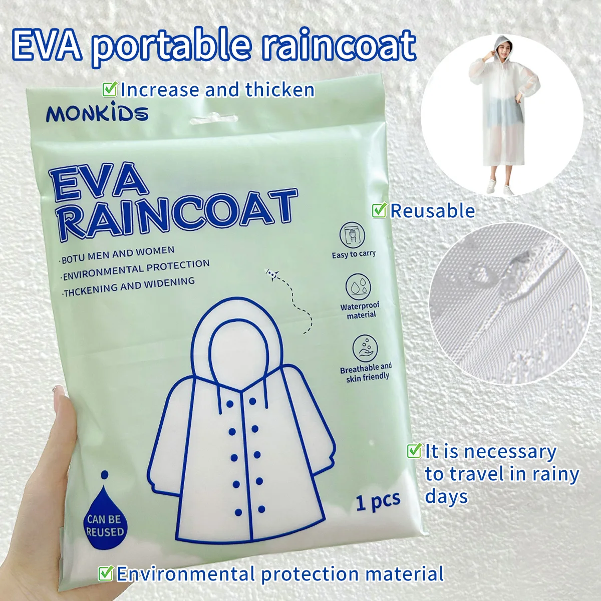 1 x hochwertiger tragbarer Einweg-Regenmantel, geeignet für Camping, Outdoor-Aktivitäten, Wandern und Vergnügungsparks. Image