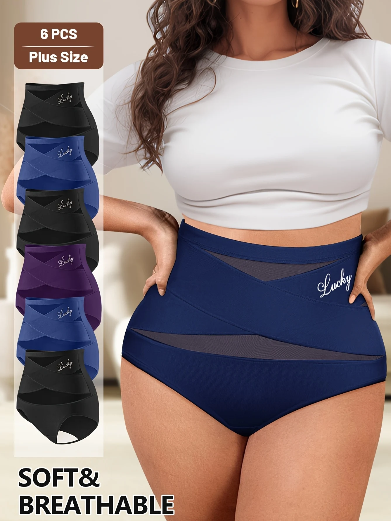Damen-Unterwäsche mit hoher Taille – 6er-Pack Bauchkontrollhöschen, rutschfester Bund, atmungsaktiv für jeden Tag und besondere Anlässe Image