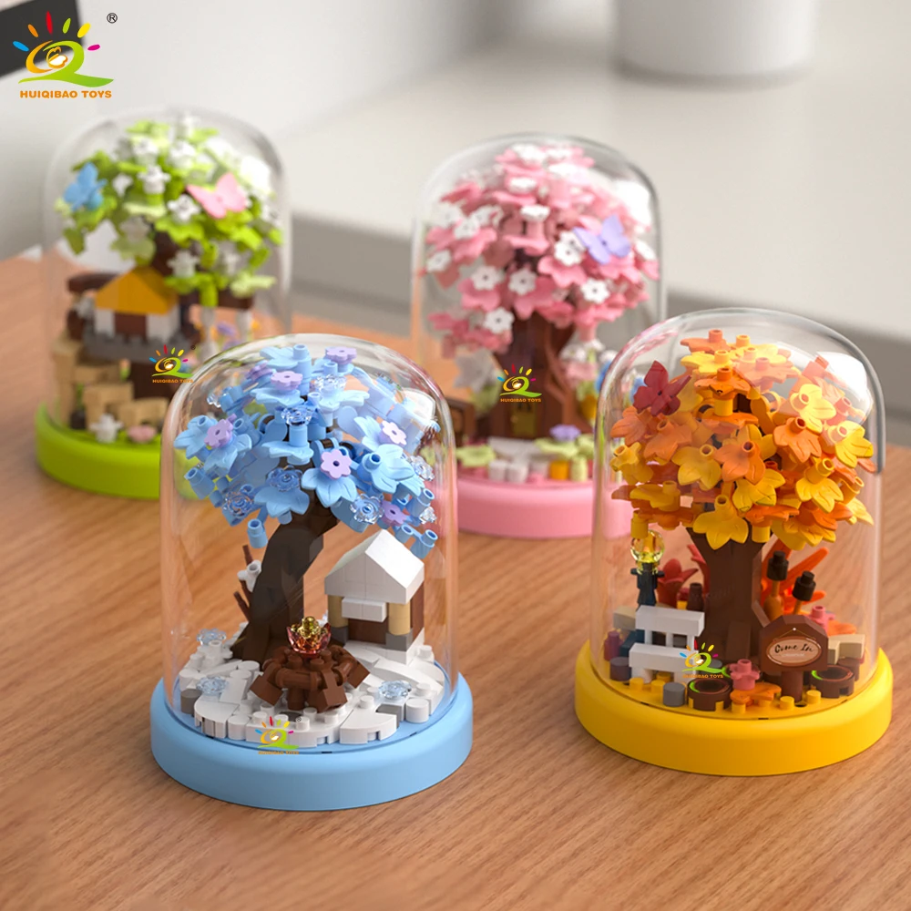 HUIQIBAO MOC Vier Jahreszeiten Mini Baumhaus mit Display Box Modell Micro Baustein Diamant Ziegel Spielzeug für Kinder Schreibtisch Dekor. Image