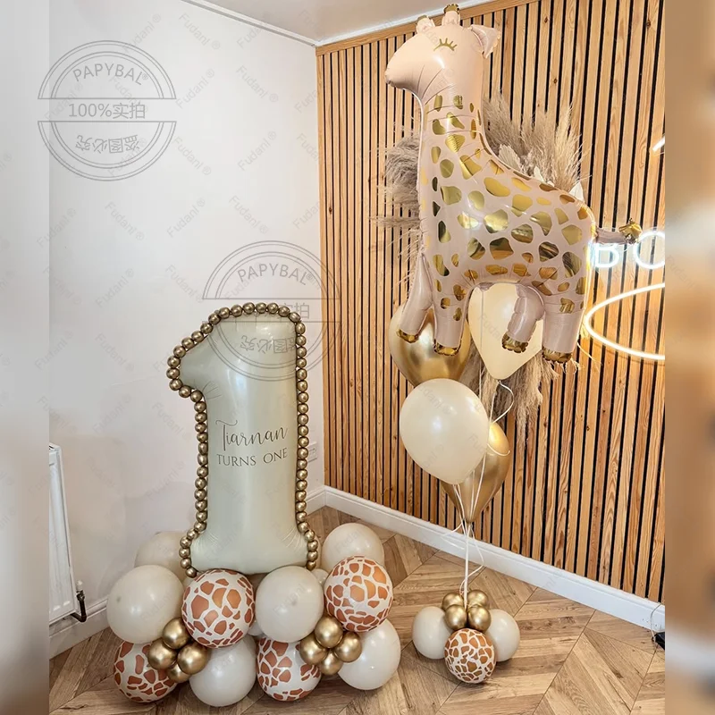 44PCS Tier Luftballons Giraffe-themed Ballon Säulen 40 zoll Creme Digitale Folie Ball Kind Geburtstag Baby Dusche Dschungel party Globos Image