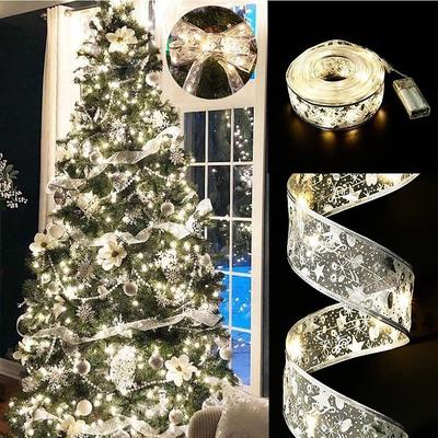 Christmas Ribbon Fairy Lights 16/33Ft 100 LED String Lights Battery Operated 2In Gold Foil Ribbon with Warm White Twinkle Firefly Lights Indoor Starry Holiday Decoration for Christmas Tree