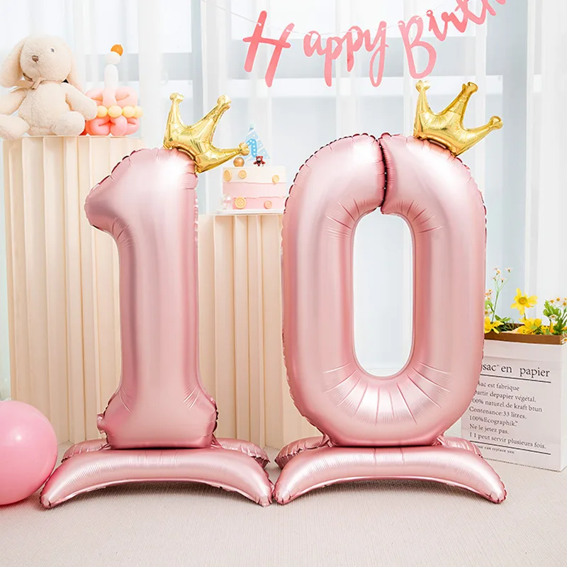 32 Zoll rosa Geburtstagsnummern 0-9 Gold Krone Dekoration Prinzessin Geburtstag Party Luftballons festliche Taufe Versorgung Fotografie Prop Image
