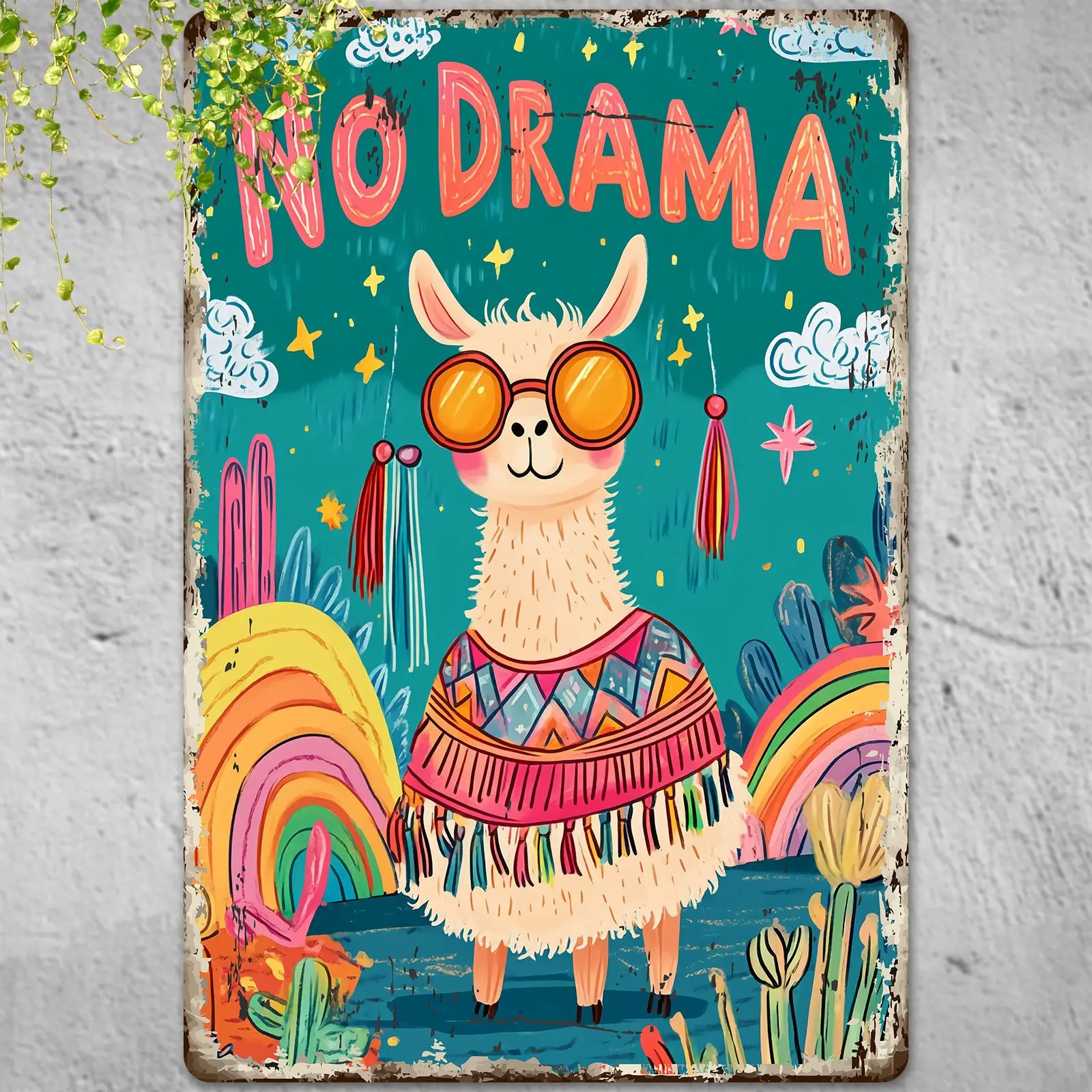 No Drama Lama Vintage Metall-Wandkunstschild – Zoll Retro-Eisendekor mit buntem Wüsten-Design, vorgebohrten Löchern, wasserdicht und Image