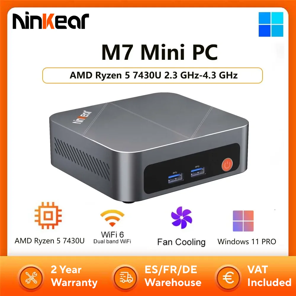 Ninkear M7 Mini-PC AMD Ryzen 5 7430U 2,3 GHz-4,3 GHz Windows 11 PRO 16 GB DDR4 RAM 512 GB SSD WIFI 6,0 Lüfterkühlung Mini-Computer