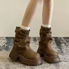 Mode Starke Ferse Frauen Stiefeletten Punk Stil Runde Kappe Slip Auf Schuhe Herbst Winter Western Cowboy Booties