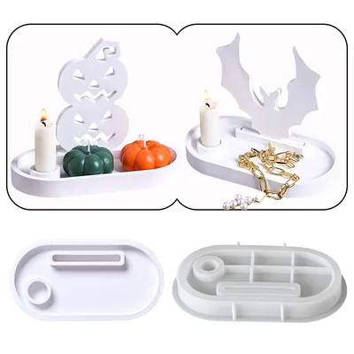 Oval Tray with Candlestick Socket Silicone Mold DIY Candle Holder Jewelry Storage Resin Epoxy Mold Plaster Making Craft Home Dec