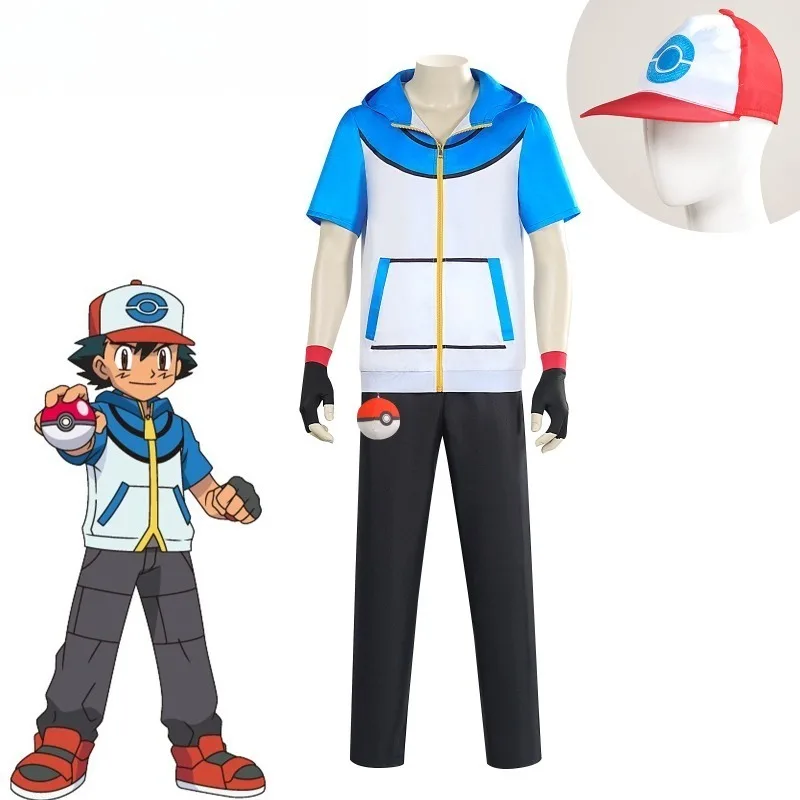 Pokemon Ash Ketchum Cosplay Kostüm Erwachsene Kinder Anime Trainer Cosplay Mit Kapuze Zipper Jacke Sets Party Karneval Rolle Spielen Outfits Image
