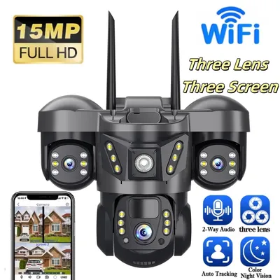 THREE Lens THREE Screens WIFI IP Camera 15MP HD 6K Camera Outdoor Waterproof Security Protection CCTV Home Surveillance Cameras